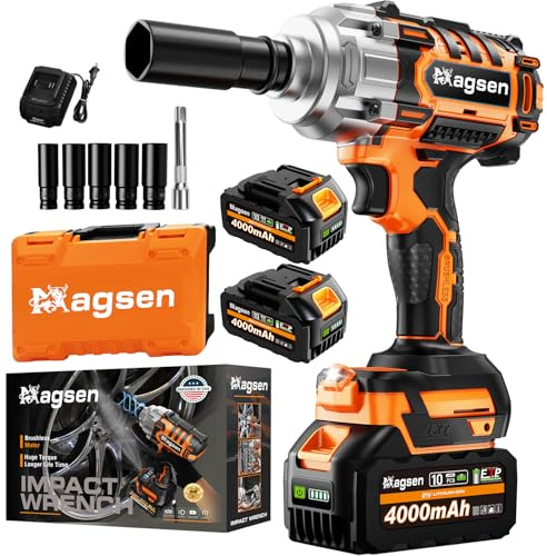 MAGSEN 1/2 Cordless Impact Wrench, 900Ft-lbs (1200N.m) Brushless High Torque Impact Gun,3800RPM,3 Variable Speeds,LED Light,2x4000mAh Battery, 5 Sockets,Electric Impact Gun for Car/Mower/Pickup