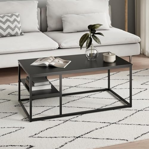Tavolino da caffè, Tavolo da salotto, tavolino da soggiorno, tavolino da divano | Con ripiano e struttura in metallo verniciato a polvere | Facile da pulire e robusto | 102x52x42 cm (LxPxA) | Nero