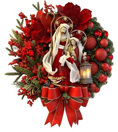 Ghirlanda Del Presepe Di Natale - Ghirlande Della Sacra Famiglia Per La Porta D'ingresso | Ornamenti Natalizi Da Appendere Con Aghi Di Pino A Bacca Rossa Per Porta D'ingresso, Finestra, Parete