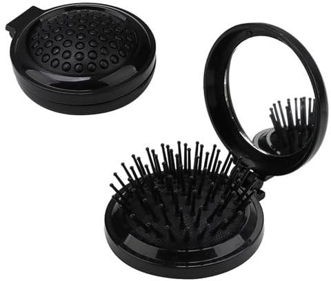 2 Pcs Foldable Travel Hair brush, Mini Pocket Hair Brush with Mirror, Travel Size Mini Hairbrush for Women and Men (Black)