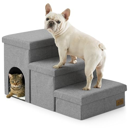 COZY KISS Dog Steps for Small Dogs with Storage&Hole, Foldable Pet Stairs with Leakproof Cover for Bed, Older Cat Ramp for Sofa Chair Couch, Lightweight, Comfort, 32.7x17x17 inch, 3 Tiers, Grey