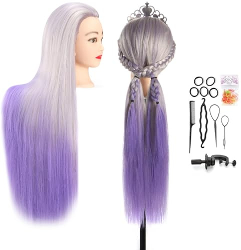Auzass stylinghuvud, 72 cm frisörhuvud, 100 % syntetiskt fiber hår skyltdockhuvud, dockhuvud för flickor frisörer barn stylister med bordsklämma + flätset (blond till blå)