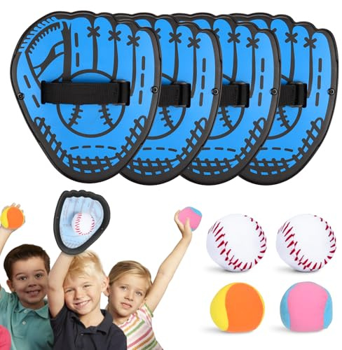 Teamaze Juego de pelotas de lanzamiento y atrapar: 4 paletas de guantes y 4 bolas adhesivas, bola de velcro para exteriores y juego de captura para césped, patio, playa y parque