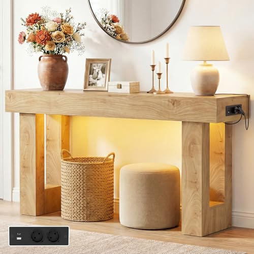 iSunirm Mesa Consola con Enchufes, 120x35x85 cm Consola Recibidor Estrecha con 2 Enchufes, 2 USB y Luz con Sensor, Pasillo, Salón, Detrás del Sofá, Roble Natural
