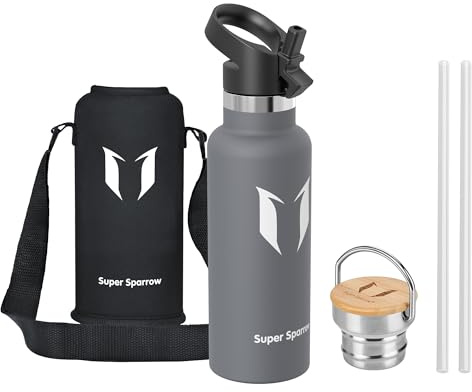 Super Sparrow Stainless Steel Water Bottle Kids - 500ml - Insulated Metal Water Bottles - Standard Mouth Flask - BPA Free - Straw Bottle for Work, Gym, Sports - 2 Lids