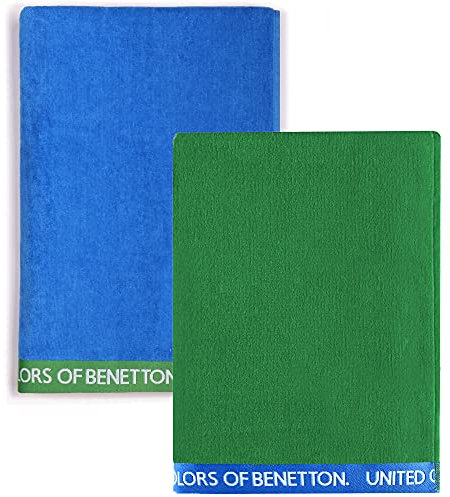 United Farben of Benetton, Set, 2 Strandtücher, 90 x 160 cm, 380 g/m², 100% Baumwolle, Blau + Grün, 90 x 160 cm