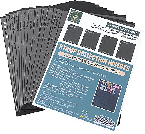 Postage Stamp Sleeves - 12 Sheets/24 Pages Stamp Collecting Inserts Double-sided 5/6/7/8 Rows for Stamp Collection Binder IS01MX112