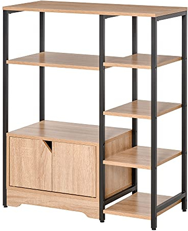 HOMCOM Estantería para Libros con Múltiples Estantes Abiertos y Doble Puerta Librería con Marco de Metal para Oficina Salón 80x35x97 cm Madera Natural