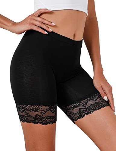 Tuopuda Damkalsonger, under kjol, korta byxor, spets, trosor, anti-chafing, shorts, 1/3-pack, boxershorts, rembyxor, underklänning, midjetrosa, mjuka trosor, leggings med halkskydd, spetstrimning, svart, M