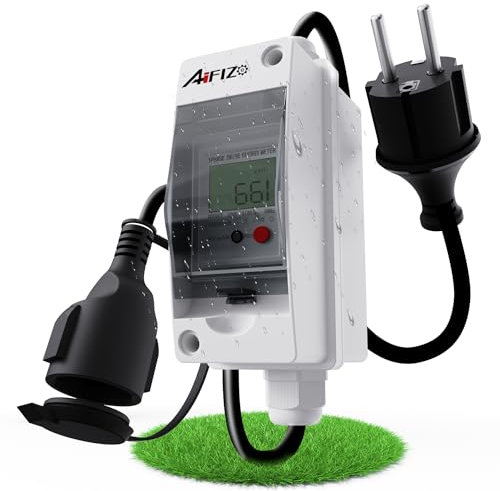 AIFIZO Compteur électrique numérique mobile 230 V, appareil de mesure KWH mobile, prise de contact de protection et raccord de contact de protection, câble de tuyau en caoutchouc portable pour
