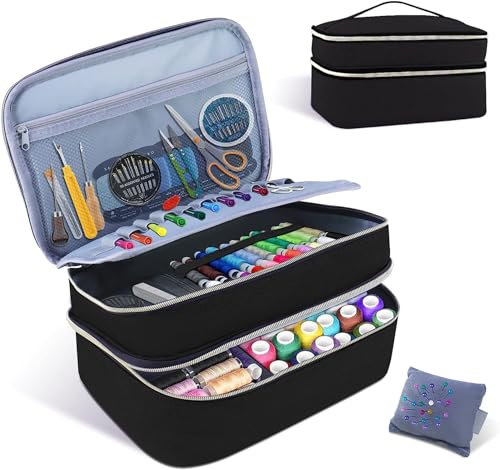 Meichoon Sac de rangement pour accessoires de couture, double couche, avec plusieurs poches et compartiments à l'intérieur, bien organisé, imperméable, protecteur, pratique, noir