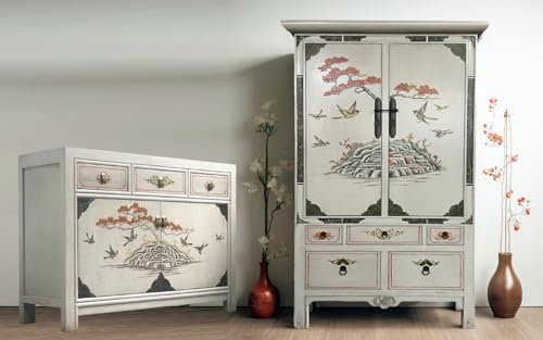 OPIUM OUTLET Conjunto de muebles chinos, 2 piezas, muebles asiáticos, para salón, vintage, gris claro, aparador, armario, boda, buffet, aparador, oriental, asiático, completamente montado