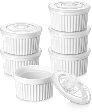 vancasso RAMEKINS 200ml Soufflé Förmchen Set von 6, Ø9.5cm Creme Brulee Schälchen Backofen sicher, Porzellan Soufflés mit Deckel, Kleine Keramik-Schalen, Mini Auflaufformen zum Backen, Weiß