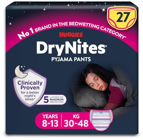 HUGGIES DryNites, pyjamasbyxor, flickor 8-13 år (30-48 kg), 27 x sängkläder byxor, upp till 100% läckagefria nätter