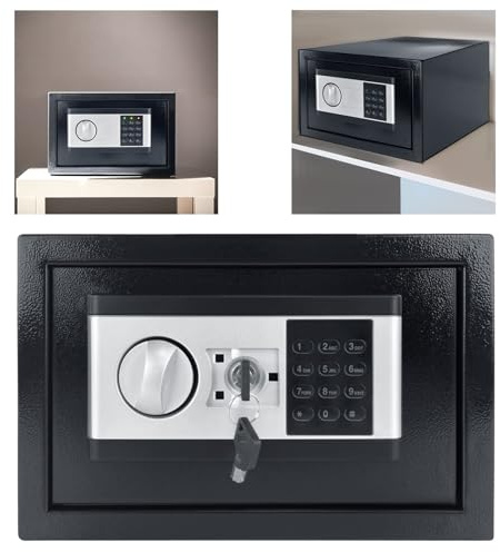 Aufun Coffre-fort électronique 12 l avec boîte à piles, 2 clés de sécurité, coffre-fort mural ignifuge, étanche, coffre-fort pour meubles, armoire blindée, serrure à combinaison, 31 x 20 x 20 cm, noir