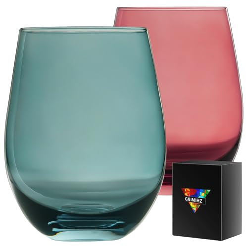 Gnimihz Colored Stemless Wine Glasses for Red or White Wine (Set of 2), 18-Ounces, Large Wine Glasses for Cabernet, Pinot Noir, Burgundy, Bordeaux (Red&Green O Wineglass Set of 2)