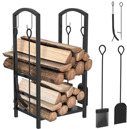 YRHome Lot de 5 étagères à bois de cheminée - 2 niveaux intérieurs avec 4 outils de cheminée - Support pour bois de cheminée - 74,5 x 40 x 38 cm - Étagère en bois pour cheminée, cheminée, couverts en