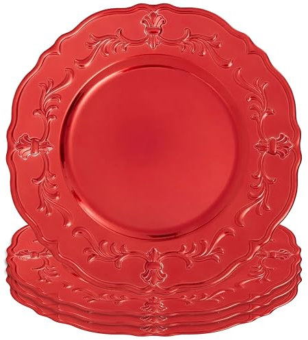 Premier Housewares 33cm Set of 4 Red Baroque Charger Plate Set | Versatile Dinnerware Set Charger Plates for All Ocassions | Centrepiece Dinner Plates for Home