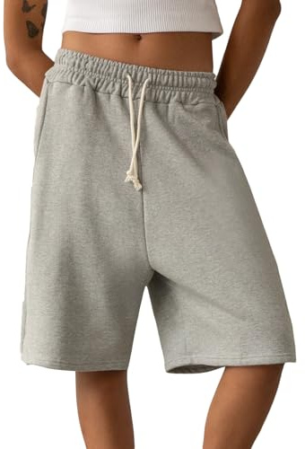 SANSIWU Women's Bermuda Shorts Casual Drawstring Elastic Waist Knee Length Yoga Long Pants Jersey Short Casual Loose Running Shorts (Gray, L)