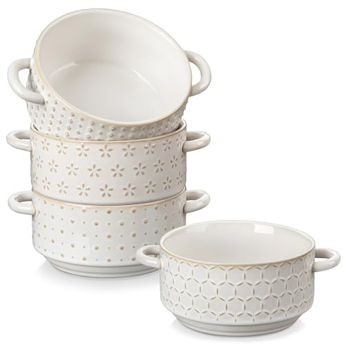 MALACASA Ceramic Soup Bowls with Handles, 20 oz French Onion Soup Bowls Oven & Microwave Safe for Soups, Stews & Desserts - Set of 4, Embossed Patterns Bowl Set - 5.5 Inch, Series LYDIA