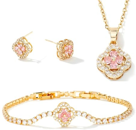 XFSRG Ensemble De Bijoux Trèfle À Quatre Feuilles Zirkonia Einlage Collier Boucles D'oreilles Bracelet Set Réglable Bijoux Feuilles pour Femme Fille (Or-1)