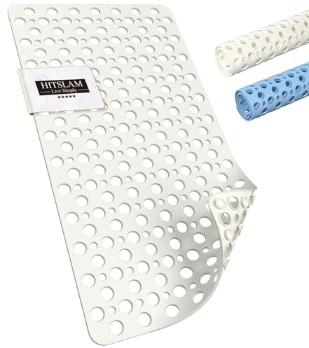 HITSLAM Alfombra de Bañera Antideslizante, 70 x 38cm Alfombra Ducha Antideslizante Libre de BPA, Resistentes al Moho & Lavables a máquina Alfombra de baño, Drenaje eficiente y fácil de limpiar, Blanca