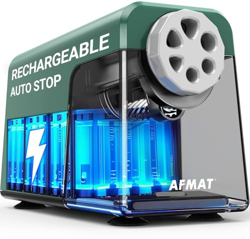 AFMAT Taille-crayon électrique 6 trous avec récipient, arrêt automatique et stockage de crayons - Taille-crayon électrique rechargeable pour 6 à 11 mm N° 2/grand/crayons de couleur, 10 000 tailles