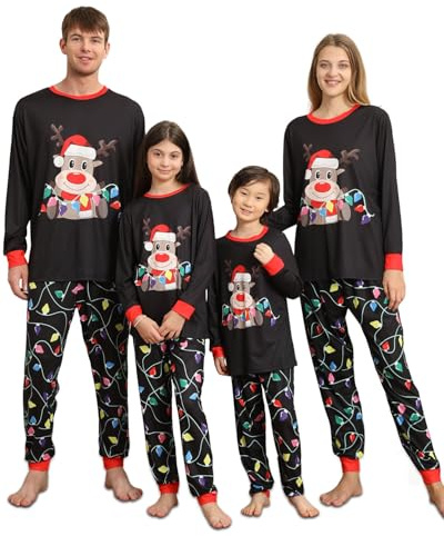 Pigiami Natalizi per Tutta la Famiglia, Pigiama Natale Famiglia con Simpatico Renna, Pigiama Natalizio Coordinati Due Pezzi, Pigiami di Natale per Coppia Donna Uomo Bambina Bambino ragazza ragazzo