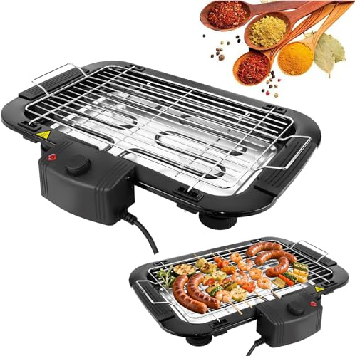 1500W Electric BBQ Grill Indoor/Outdoor with Stand, Smokeless, Non-Stick, 5-Level Temperature Control, Compact Tabletop Electric Barbecue Grill with Removable Drip Tray for 2 to 4 People BBQ Party