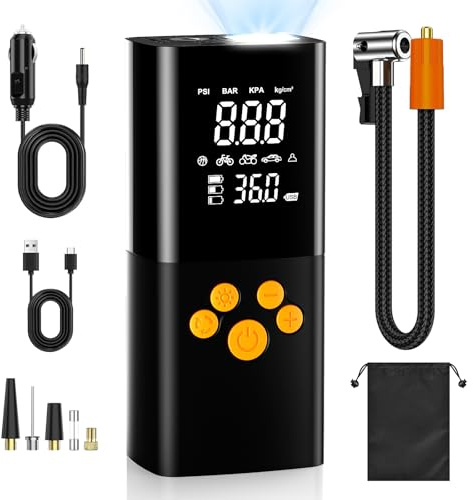 160PSI Compressore Aria Portatile 10000mAh,Portable Electric Air Compressor auto con 5 Modalità, Schermo LCD Digitale e Torcia LED, Pompa Elettrica per Bicicletta, Auto, Moto, Monopattino, Palloni