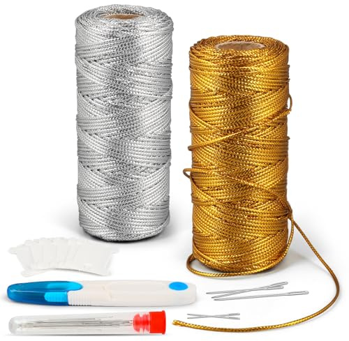Ezydka 200 m guldsnöre 1,5 mm metallic snöre gyllene tråd silvertråd för gör-det-själv hantverk hantverk presentförpackning juldekoration, 100 m/rulle