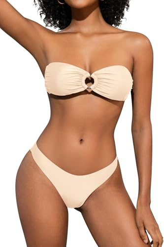 SHEKINI Maillot de Bain Femme 2 Pieces Bandeau O-Ring Haut à Lacets au Dos Bikini Set Sexy sans Bretelles Bikini Deux Pièces