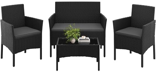 Yaheetech 4-Piece Rattan Patio Furniture Set, Outdoor 4 Seater Patio Conversation Sets with Glass Top Coffee Table, Weather Resistant Garden Conversation Set for Patio, Backyard, Deck, Black/Gray