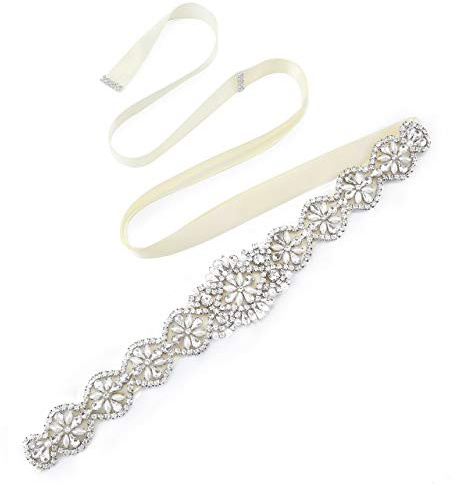 CHIC DIARY Crystal Bridal Wedding Belt Rhinestone Sash Applique Pearls Beaded Handcrafted Sparkle Sewn for Women Gown Evening Prom Clothes (Off White)