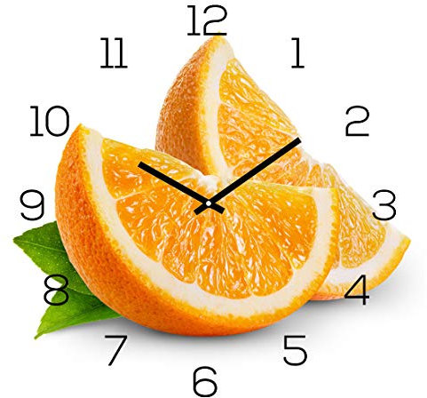 levandeo Wanduhr Glas 30x30cm Glasuhr Uhr Glasbild Frucht Küchenuhr Orange Deko Fruit Küchendeko