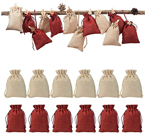 Voarge Adventskalender säckar 24 stycken jutesäckar/jutesäck, gör-det-själv-hantverk, jutekasse, tygpåse, 12 naturliga + 12 vinröda påsar, presentpåsar med dragband – 10 x 14 cm