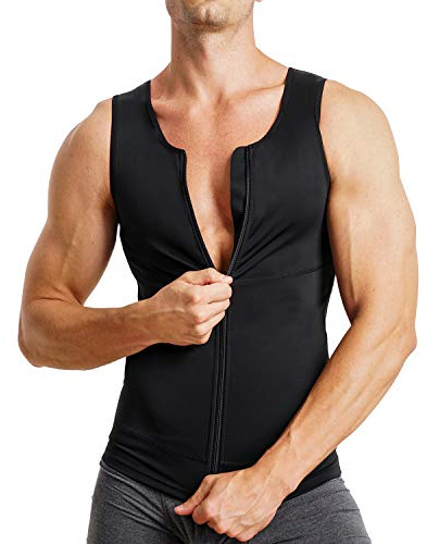 MOLUTAN Mens Compression Shirt Belly Slimming Body Shaper Vest Sleeveless Zipper Undershirt Tank Top Shapewear for Stomach and Back (Black, X-Large)