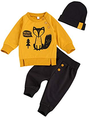 Loalirando Ensemble Infantile de 3 Pcs Vêtement Enfant Bébé Garçon Imprimé Animaux T-Shirt à Manches Longues + Pantalon +Bonnet, 100(18-24 Mois)
