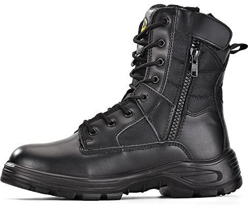 SAFEYEAR Militär Herren Arbeitsstiefel, Heavy Duty Kampf Armee Sicherheitsstiefel, Wide Fit Soft Toe, Wasserdichtes echtes Leder, Lace Up Site Taktische Polizei Sicherheit, SRC High Knöchel Zip Seite