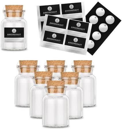 Ankerkraut leeres Korkenglas, klein, 6 Stück Gewürzgläser, inklusive Etiketten zum selber Beschriften, zum Abfüllen von Gewürzen, Kräuter, Bonbons, großartiges Gast-Geschenk, 170 ml, Embossing