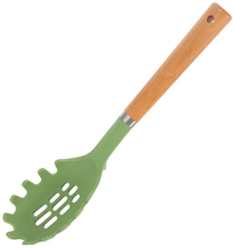 Beavorty Silicone Spaghetti Spoon with Wooden Handle Pasta Server Heat-Resistant Kitchen Utensil for Serving Noodles Easy to Clean Non-Stick Design