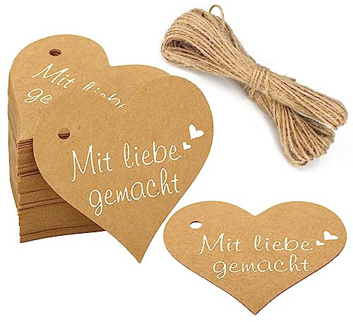 G2PLUS mit liebe gemacht Etiketten Anhänger, 100Stk Herz Kraftpapier Geschenkanhänger zum Basteln, Braun Herzanhänger mit Schnur zum Selbstgemachte Geschenke Einzupacken