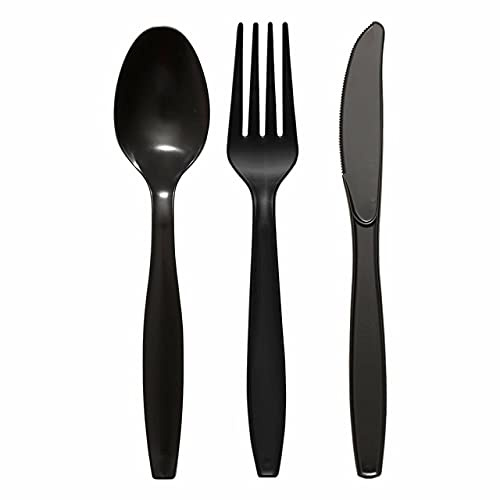 Generic Pack of 150 Black Reusable Cutlery Set Includes 50 Forks, 50 Spoons and 50 Knives -Reusable Clear Cutlery Perfect for Birthday Parties Weddings Camping