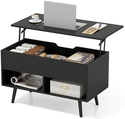 LIFEZEAL Tavolino da Salotto Sollevabile, Tavolino da Caffè Moderno, Tavolino Basso con Piano Elevabile, Gambe in Legno Massello di Pino, Contenitore, 2 Scomparti, Soggiorno, 80x40x44,5-58 cm, Nero