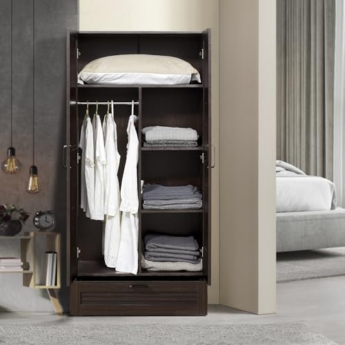 [en.casa] Armadio Guardaroba per Camera da Letto Armadio Chiuso con Ante a Persiana Scomparti Cassetto Asta Appendiabiti 176 x 80 x 52 cm MDF Effetto Noce Scuro