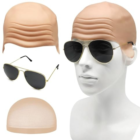 EUPSIIU Latex slät mask, skallig huvudmössa set kall hud tjock vuxen latex slät mössa elastisk hårnät solglasögon peruk mössa kostym halloween tillbehör cosplay hatt (3 st)