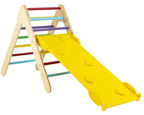 HOMASIS Triángulo de Escalada con tobogán, Juego de Escalada Infantil con rampa Ajustable, Juguete de Madera para trepar y deslizarse, Parque para niños de 1+ años, 86,5x48x73,5cm (Colorido)