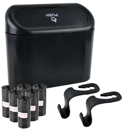 TMBMLPP Papelera para Coche, Mini Cubo de Basura con Tapa y 90 Bolsas de Basura, Organizador de Coche Pequeño, Cubo de Basura con Bolsas para Almacenamiento y Organización, Accesorios de Coche