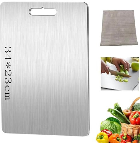 Planche a Decouper en Titane, Planche à Découper Inox avec Coussin en Silicone Antidérapant, Yamato Planche à Découper, Garantir Le Goût Original des Ingrédients(34 * 23cm)