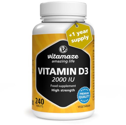 Vitamaze® Vitamina D3 240 compresse Alto dosaggio e vegetariana per più di 1 anno, 2000 UI, 50 mcg di colecalciferolo puro, integratore alimentare naturale senza additivi, Prodotto in Germania
